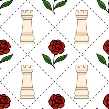 Seamless pattern featuring stylized white chess rooks and red roses with green leaves, set against a white background with a subtle dashed line grid. vector