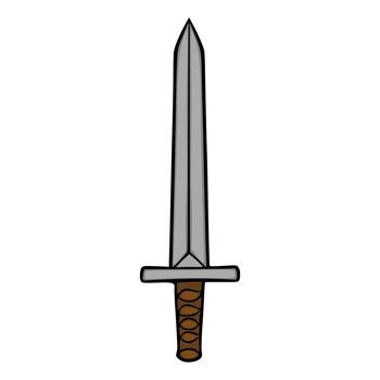 A stylized, flat design illustration of a medieval sword with a silver blade and a brown, segmented hilt, set against a clean white background. vector