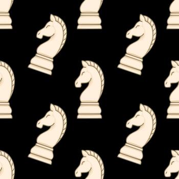A seamless pattern featuring light cream colored chess knights with subtle shading against a stark black background, creating a minimalist and classic game themed design. vector
