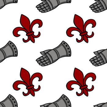 sin costura modelo de un estilizado medieval guantelete y un rojo fleur Delaware lis, presentando un limpio, gráfico estilo con negrita contornos y plano colores. vector