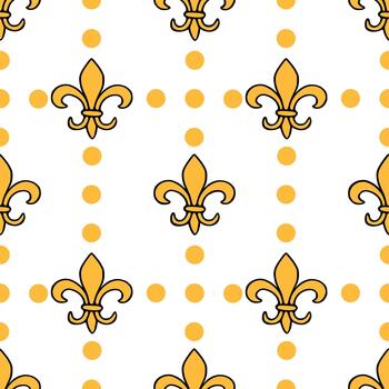 A seamless pattern featuring golden fleur de lis motifs interspersed with scattered orange polka dots on a clean white background, creating a regal and decorative design. vector
