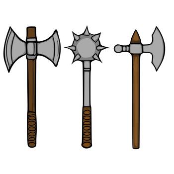 A illustration showcasing three distinct medieval weapons a double headed axe, a spiked mace, and a single headed axe with a hammer like pommel, rendered with simple lines and flat colors. vector