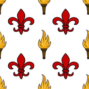 Seamless pattern featuring red fleur de lis and golden torches on a white background, evoking a sense of tradition and illumination. vector