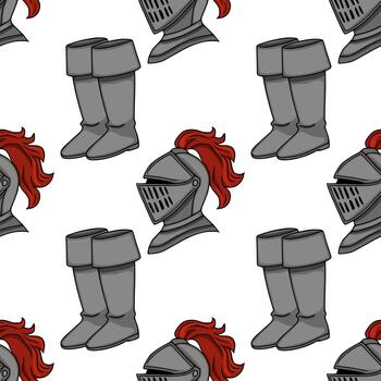 Seamless pattern of medieval knights armor, featuring grey helmets with red plumes and matching boots, set against a clean white background. vector