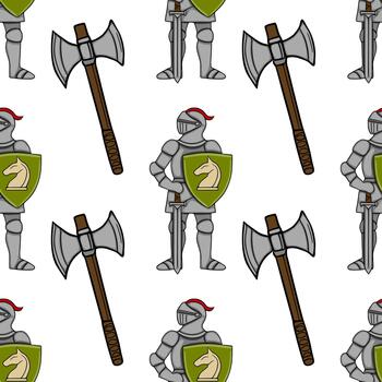 Seamless pattern of medieval knights in armor holding shields with a horse emblem and battle axes, set against a white background. vector