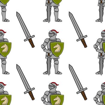 Seamless pattern featuring stylized knights in full armor, holding swords and shields with a chess knight emblem, set against a clean white background. vector