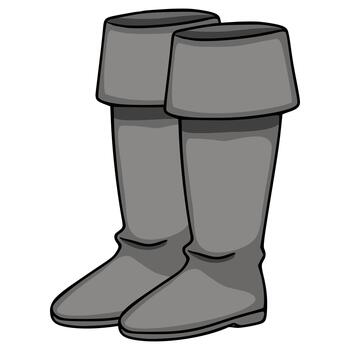 A pair of grey cavalier boots, rendered as a simple illustration with bold black outlines and subtle shading, presented on a clean white background. vector