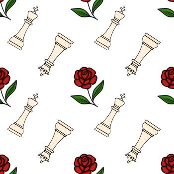 sin costura modelo presentando elegante blanco ajedrez reyes y vibrante rojo rosas con verde hojas, creando un caprichoso y estratégico antecedentes. vector