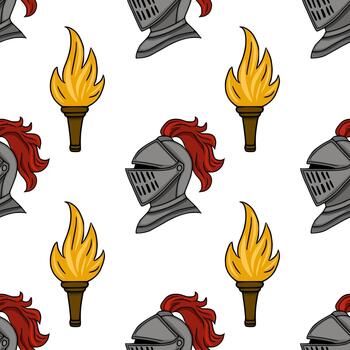 A repeating pattern featuring medieval knight helmets with red plumes and burning torches, set against a clean white background, evoking a sense of historical fantasy and strength. vector