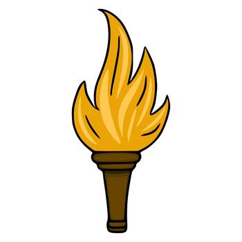 A stylized illustration of a lit torch with bright orange and yellow flames and a dark brown handle, presented in a clean, graphic style. vector