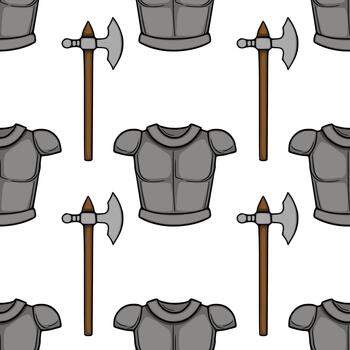 sin costura modelo de medieval armadura y batalla hachas, presentando un estilizado, ilustrativo diseño con negrita contornos y plano gris sombreado. vector