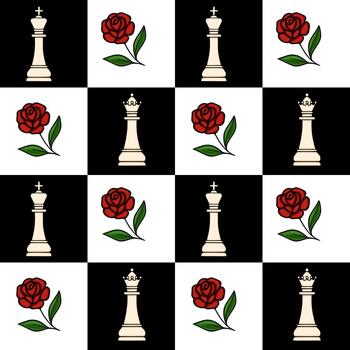 Seamless pattern featuring alternating white chess kings and red roses on a black and white checkerboard background. vector