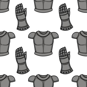 un repitiendo modelo de medieval caballeros armadura, presentando estilizado guanteletes y cofre platos en un monocromo gris paleta con negrita negro contornos vector