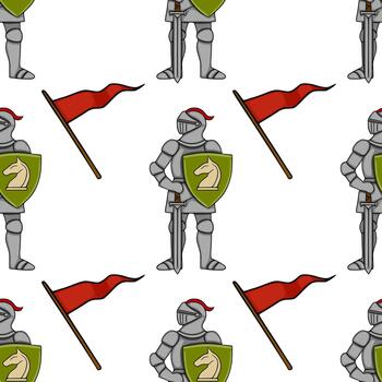 Seamless pattern of medieval knights in full armor holding shields with a horse emblem and red pennant flags. vector