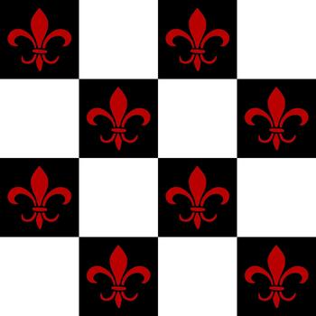 Decorative seamless pattern featuring a repeating red fleur de lis motif on a black and white checkerboard background. vector