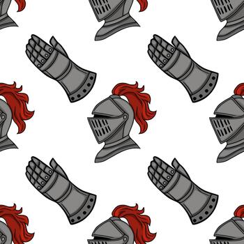 Seamless pattern featuring medieval knight helmets and gauntlets with red plumes. vector
