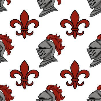 Seamless pattern featuring medieval knight helmets and red fleur de lis emblems on a white background. vector