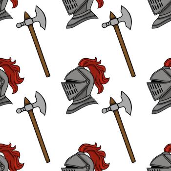 sin costura modelo presentando medieval Caballero cascos con rojo plumas y batalla hachas en un blanco antecedentes. vector