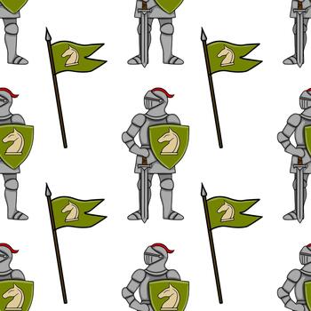 Seamless pattern featuring medieval knights in full armor, holding shields with a horse emblem and a lance with a green flag. vector