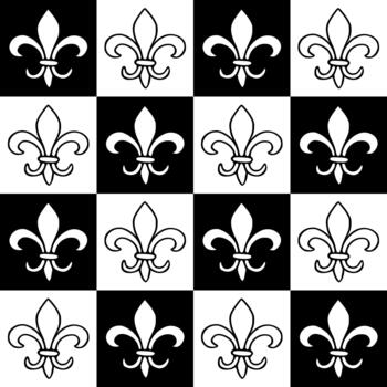 A striking black and white pattern featuring a repeating fleur de lis motif, creating a bold and classic checkerboard background. vector