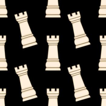 Seamless pattern featuring stylized cream colored chess rooks against a deep black background, with playful tilting and varied orientations. vector