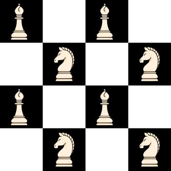 sin costura modelo presentando blanco ajedrez obispos y caballeros en un negro y blanco a cuadros antecedentes. vector