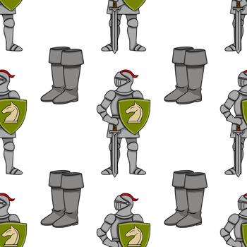 Seamless pattern featuring medieval knights in full armor, holding swords and shields with a chess knight emblem, alongside pairs of armored boots. vector