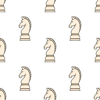 A seamless pattern featuring stylized cream colored chess knight pieces with black outlines and subtle shading, set against a clean white background, evoking a sense of strategy and classic... vector