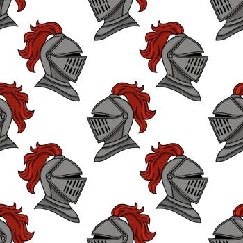 A seamless pattern featuring medieval knight helmets with red plumes, rendered in a clean, graphic style against a white background. vector