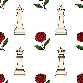 Seamless pattern featuring stylized chess queens and vibrant red roses on a white background. vector