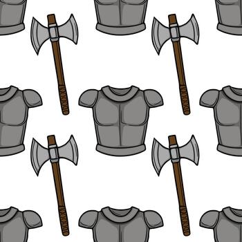 A seamless pattern featuring medieval knights armor and double bladed axes, rendered in a simple, bold cartoon style with gray and brown tones. vector