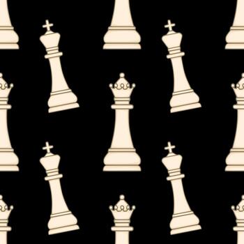 Seamless pattern featuring stylized cream colored chess kings and queens against a stark black background, with subtle shading and thick outlines. vector