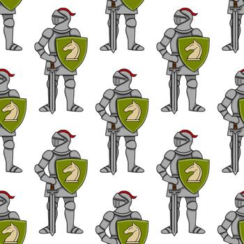 Seamless pattern of medieval knights in full armor, holding shields with a horse emblem and swords, set against a white background. vector