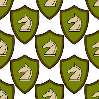 sin costura modelo de Caballero ajedrez piezas en escudos con un apagado verde y marrón color paleta. vector