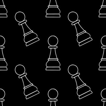 sin costura modelo presentando minimalista blanco contornos de ajedrez peones dispersado en un rígido negro fondo, creando un clásico y estratégico estético. vector