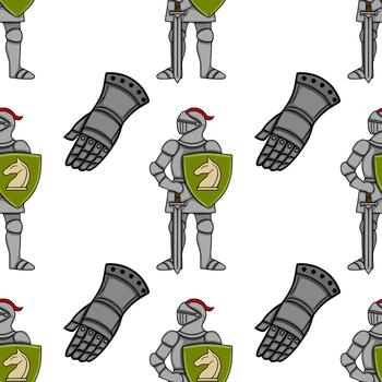 Seamless pattern featuring medieval knights in full armor, holding shields with a white horse emblem, and a separate gauntlet element, rendered in a flat, illustrative style with a neutral p... vector