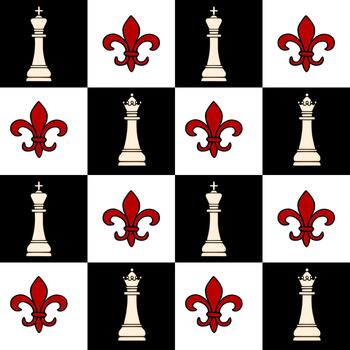 A seamless pattern featuring alternating white chess kings and red fleur de lis symbols against a stark black and white checkerboard background. vector