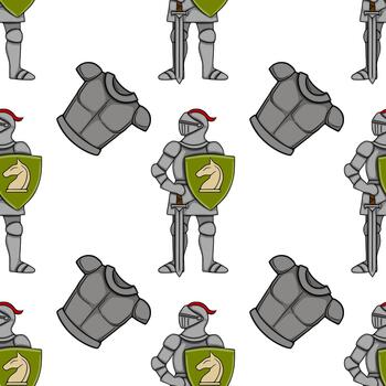 Seamless pattern featuring medieval knights in full armor with shields bearing a horse emblem, set against a clean white background, ideal for historical or gaming themes. vector