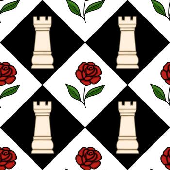 sin costura modelo presentando un estilizado tablero de ajedrez antecedentes con alterno negro y blanco cuadrícula, adornado con Marfil ajedrez torres y vibrante rojo rosas con verde hojas. vector