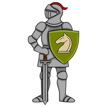 A stylized illustration of a knight in full armor, holding a shield with a chess knight emblem and a sword, depicted in a clean, graphic style with bold outlines and flat colors. vector