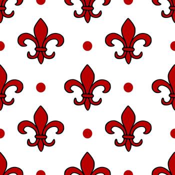 Seamless pattern of red fleur de lis and polka dots on a white background. vector