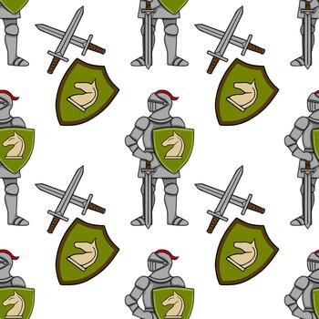 Seamless pattern of medieval knights in full armor, holding shields with chess horse emblems and crossed swords, on a white background. vector