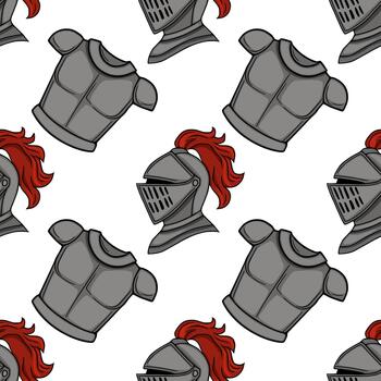 Seamless pattern featuring stylized medieval knights armor, including helmets with red plumes and breastplates, rendered in a graphic, bold style with a white background. vector