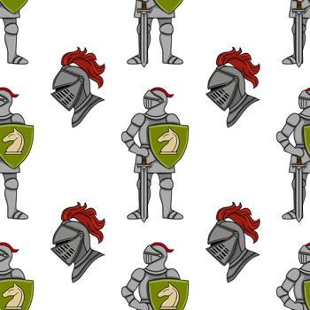 Seamless pattern featuring medieval knights in full armor with heraldic shields, rendered in a stylized, graphic manner. vector