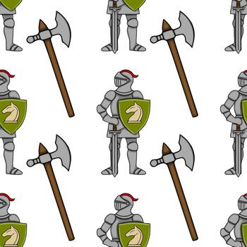Seamless pattern of medieval knights in full armor with axes and shields featuring a horse emblem. vector