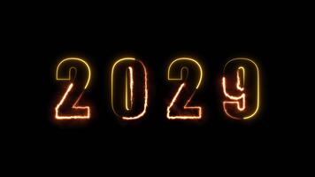 Happy New Year 2029. Neon light and flame animation text running around numbers, for New Year celebration background design. 4K horizontal video