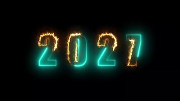 Lycklig ny år 2027. neon ljus och flamma animering text löpning runt om tal, för ny år firande bakgrund design. 4k horisontell video