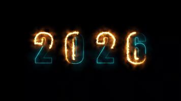 Lycklig ny år 2026. neon ljus och flamma animering text löpning runt om tal, för ny år firande bakgrund design. 4k horisontell video