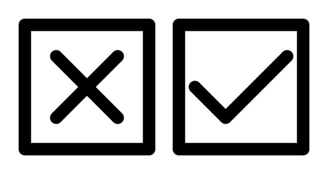 tick and x in square, OK check mark and X cross icon symbol black and white vector