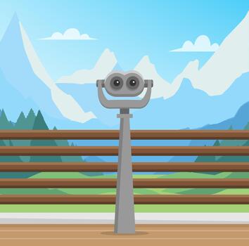 Binocular with a wonderful view of mountains in flat style. Viewpoint with binocular. vector
